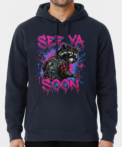See Ya Soon Raccoon Hoodie - product mockup - Navy
