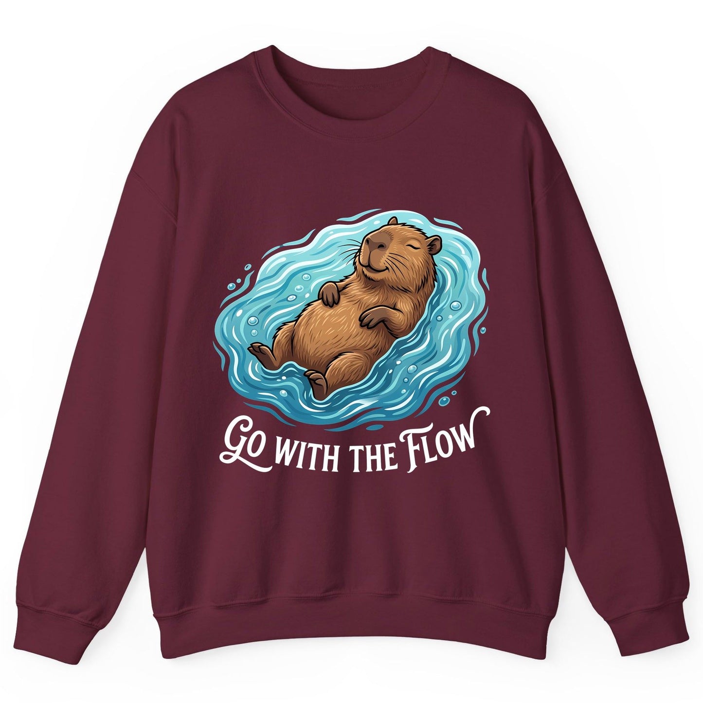 Go WITH THE Flow Funny Capybara Sweatshirt - product mockup - Maroon