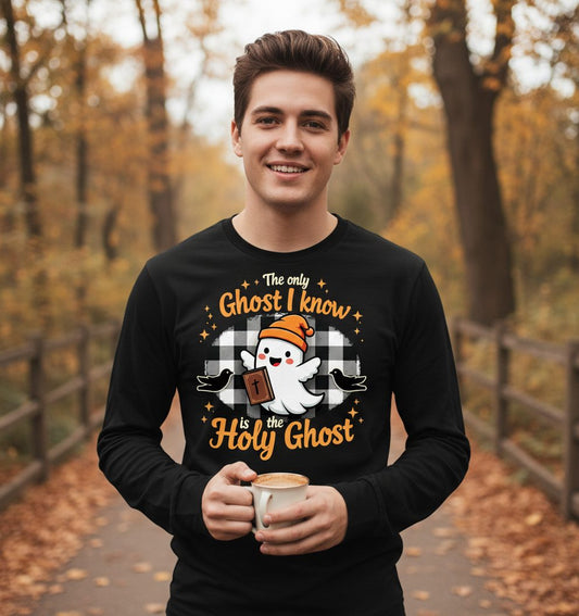 The Only Ghost I Know Is the Holy Ghost christian Halloween Long Sleeve Tee Black lifestyle mockup