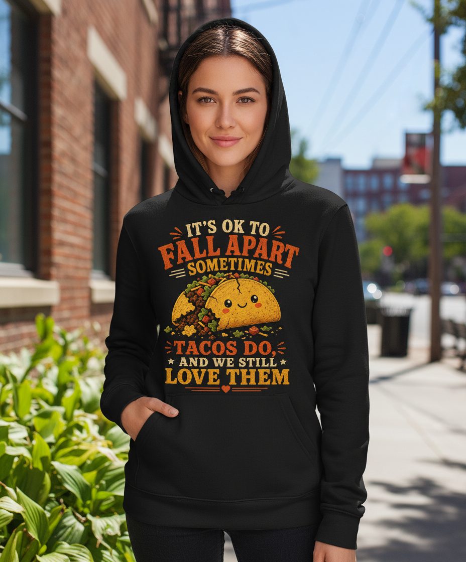 IT'S OK TO FALL APART Sometimes TACOS DO AND WE STILL LOVE THEM Hoodie - lifestyle model mockup - Black