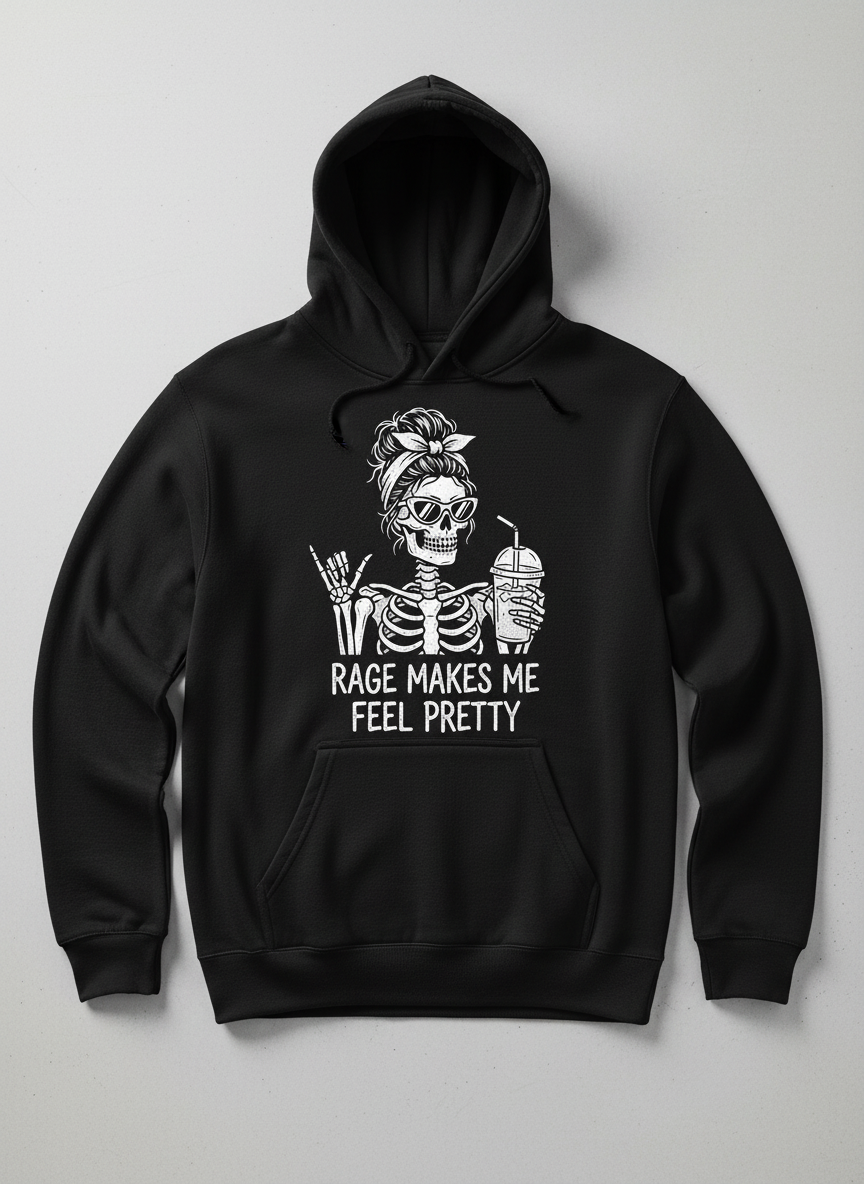 Rage Makes Me Feel Pretty Skeleton Messy Bun Hoodie - Black
