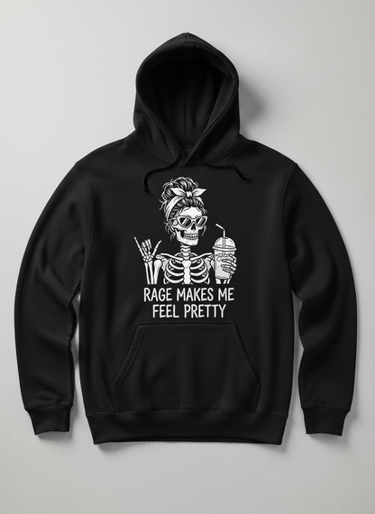 Rage Makes Me Feel Pretty Skeleton Messy Bun Hoodie - Black