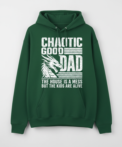 CHAOTIC GOOD DAD THE HOUSE IS A MESS BUT THE KIDS ARE ALIVE Funny Chaotic Good Dad Dragon Hoodie - product mockup - Forest Green