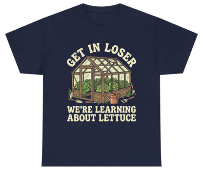 GET IN LOSER WE'RE Learning ABOUT Lettuce Youth T-Shirt - product mockup - Navy