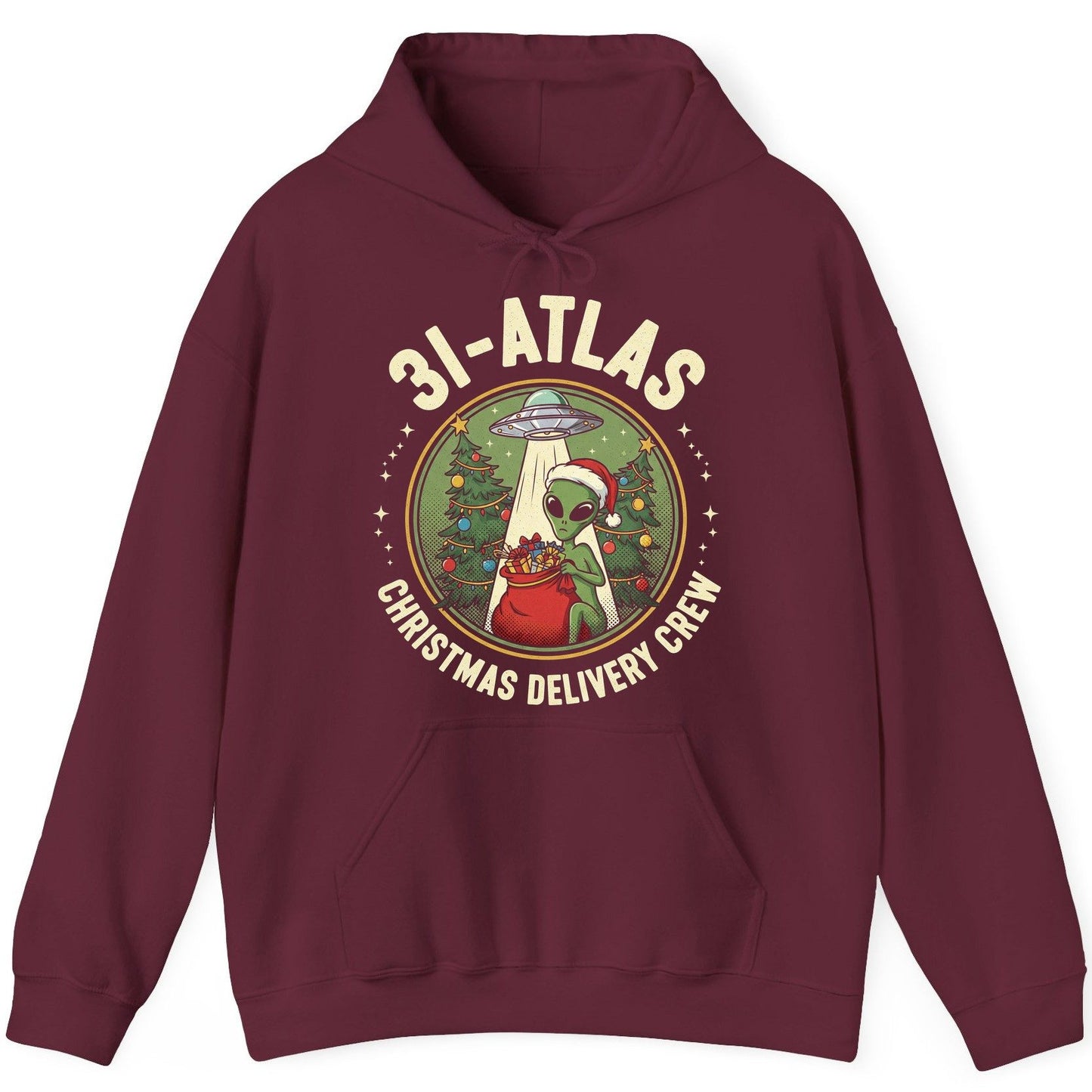 31-Atlas Christmas Delivery Crew alien Christmas Hoodie Maroon product mockup