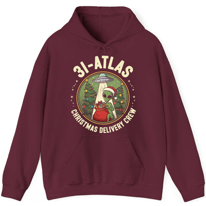 31-Atlas Christmas Delivery Crew alien Christmas Hoodie Maroon product mockup
