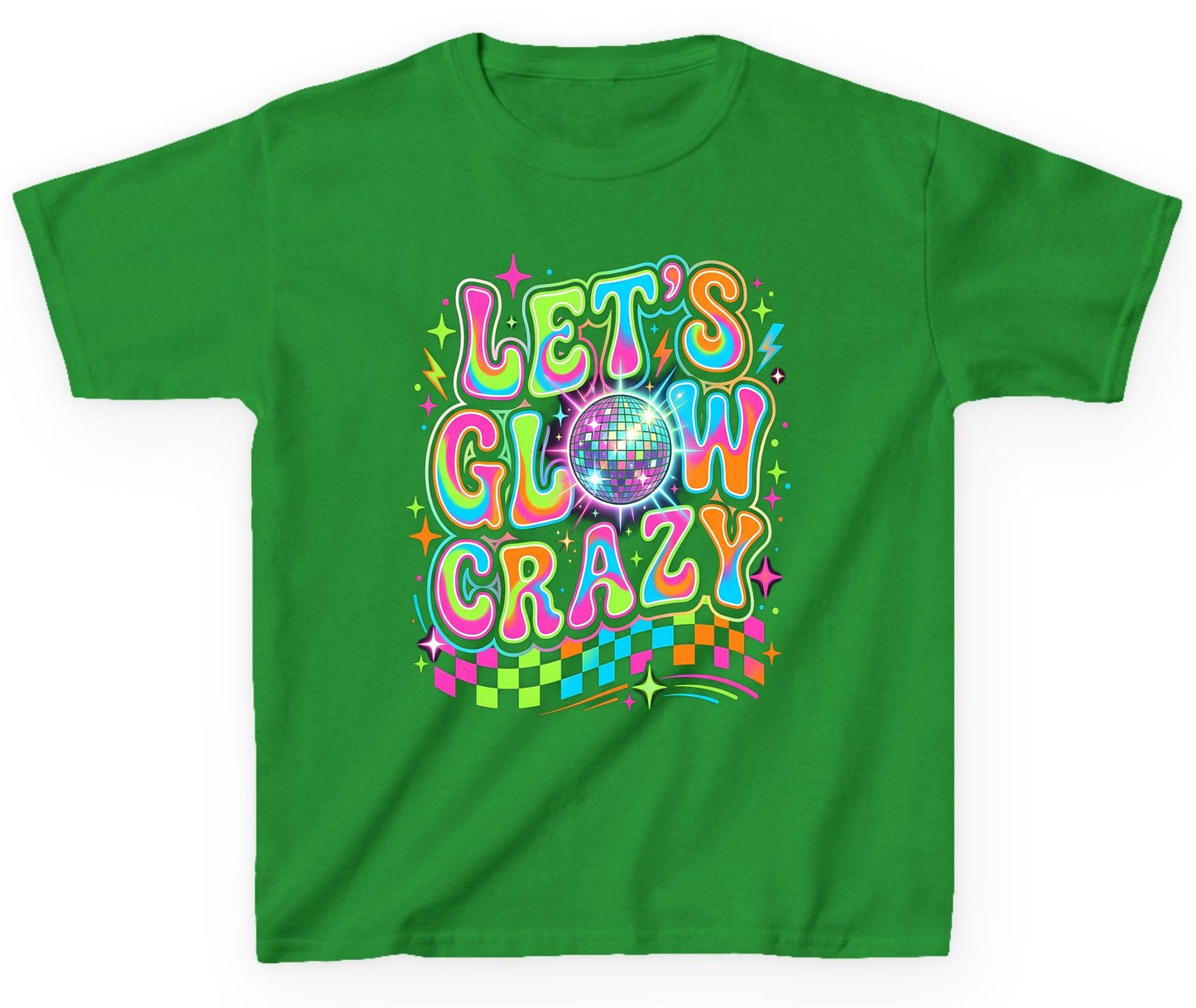 Let's Glow Crazy Retro Party Youth T-Shirt - product mockup - Irish Green