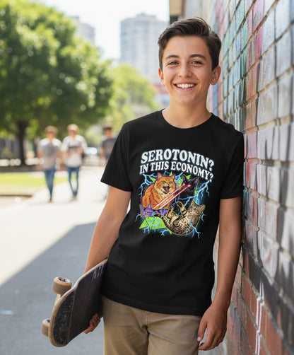 Serotonin in This Economy? cats Youth T-Shirt Black lifestyle mockup