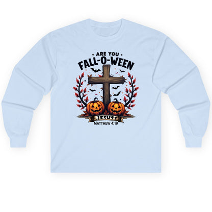 Are You Fall-O-Ween Jesus? christian Halloween Long Sleeve Tee Light Blue product mockup