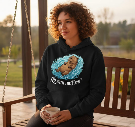 Go WITH THE Flow Funny Capybara Hoodie - lifestyle model mockup - Black