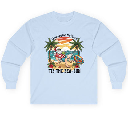 Greetings from the Tropics 'Tis the Sea-Sun santa claus on a tropical vacation Long Sleeve Tee Light Blue product mockup