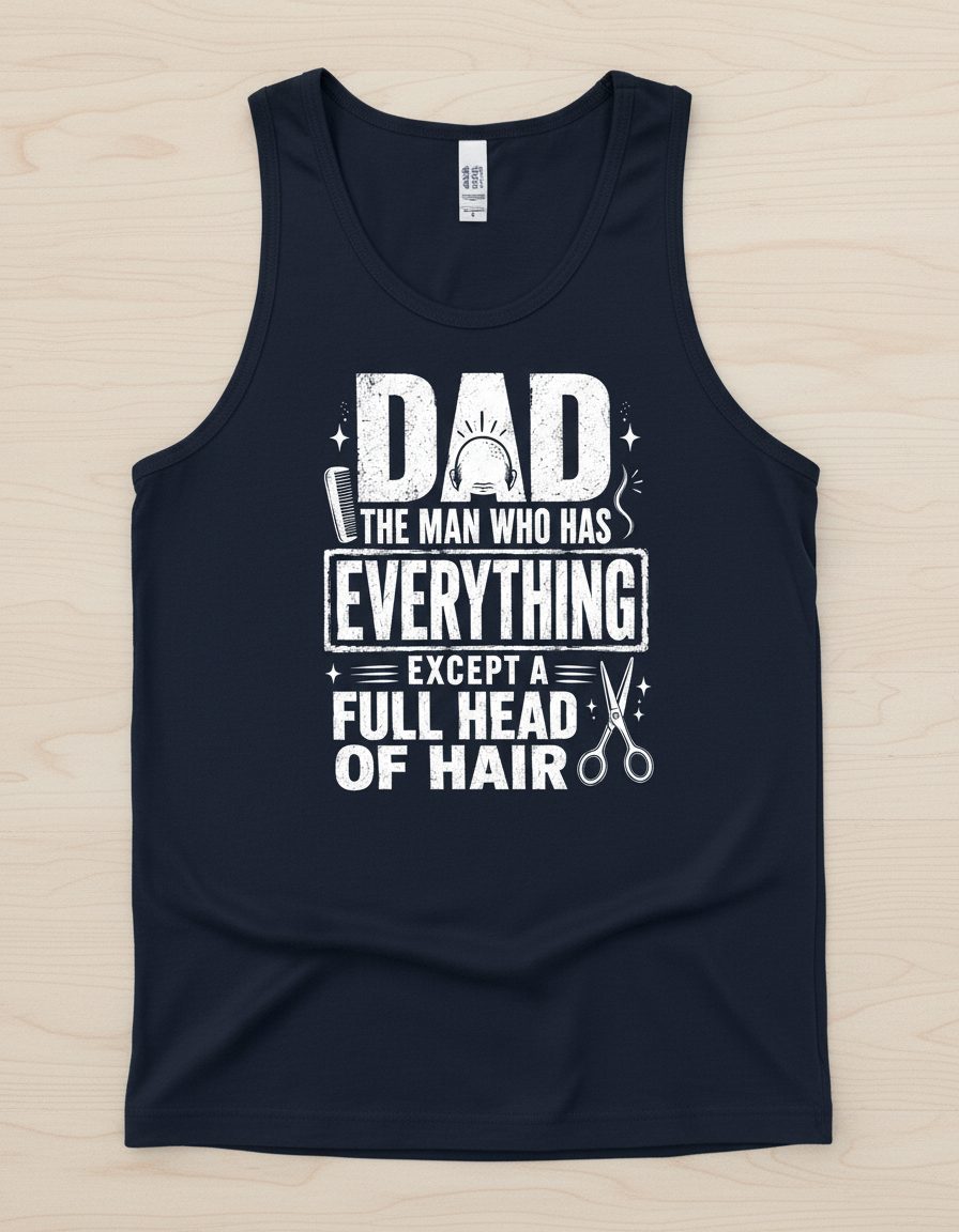 Dad the Man Who Has Everything Except a Full Head of Hair Funny Humor Tank Top - product mockup - Navy