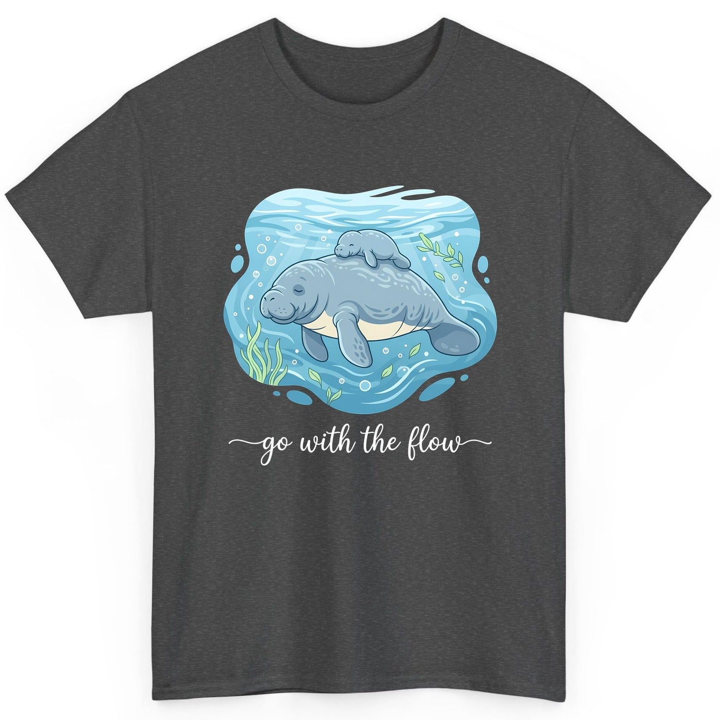 Go with the Flow Manatee T-Shirt - product mockup - Dark Heather
