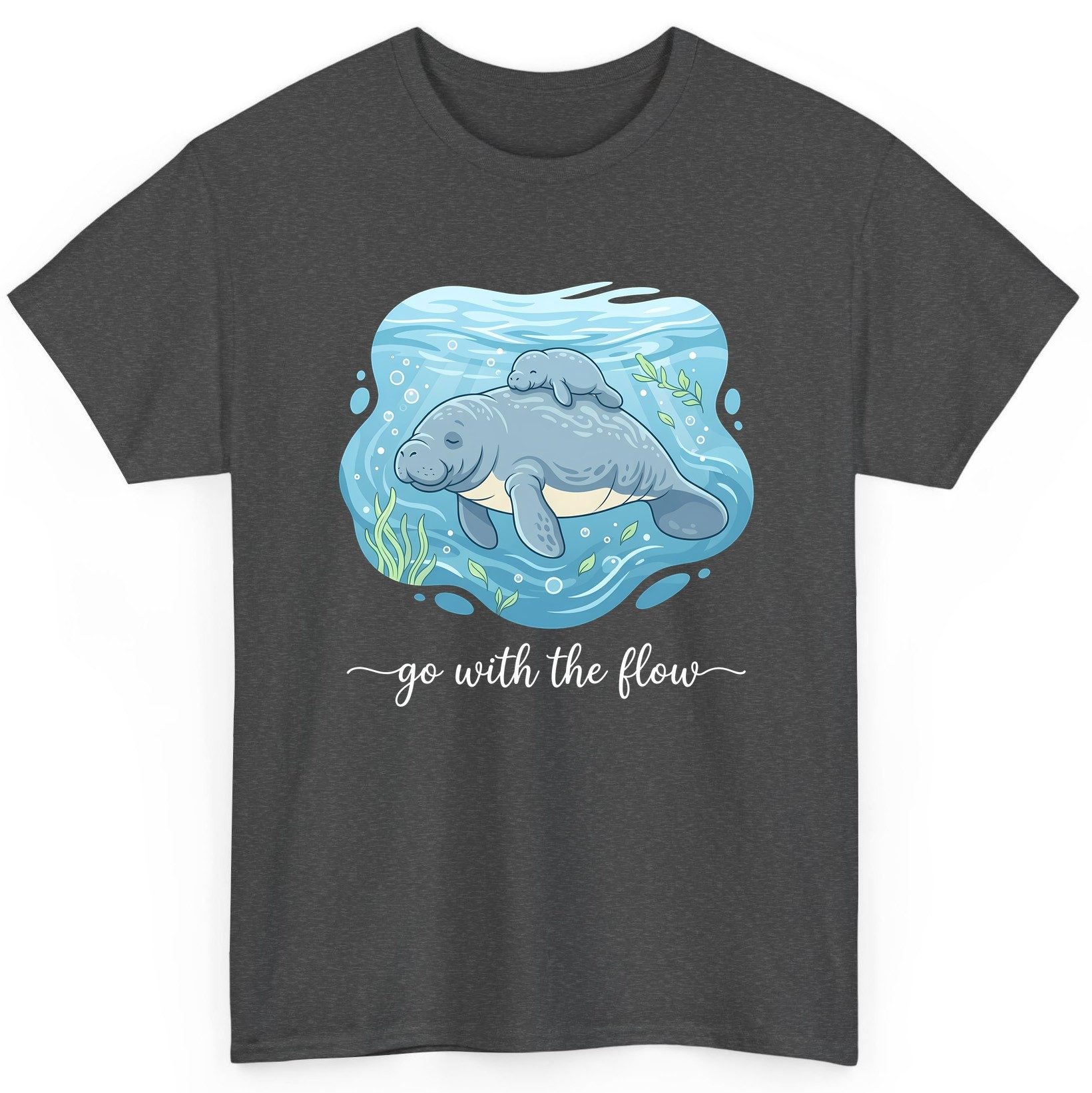 Go with the Flow Manatee T-Shirt - product mockup - Dark Heather