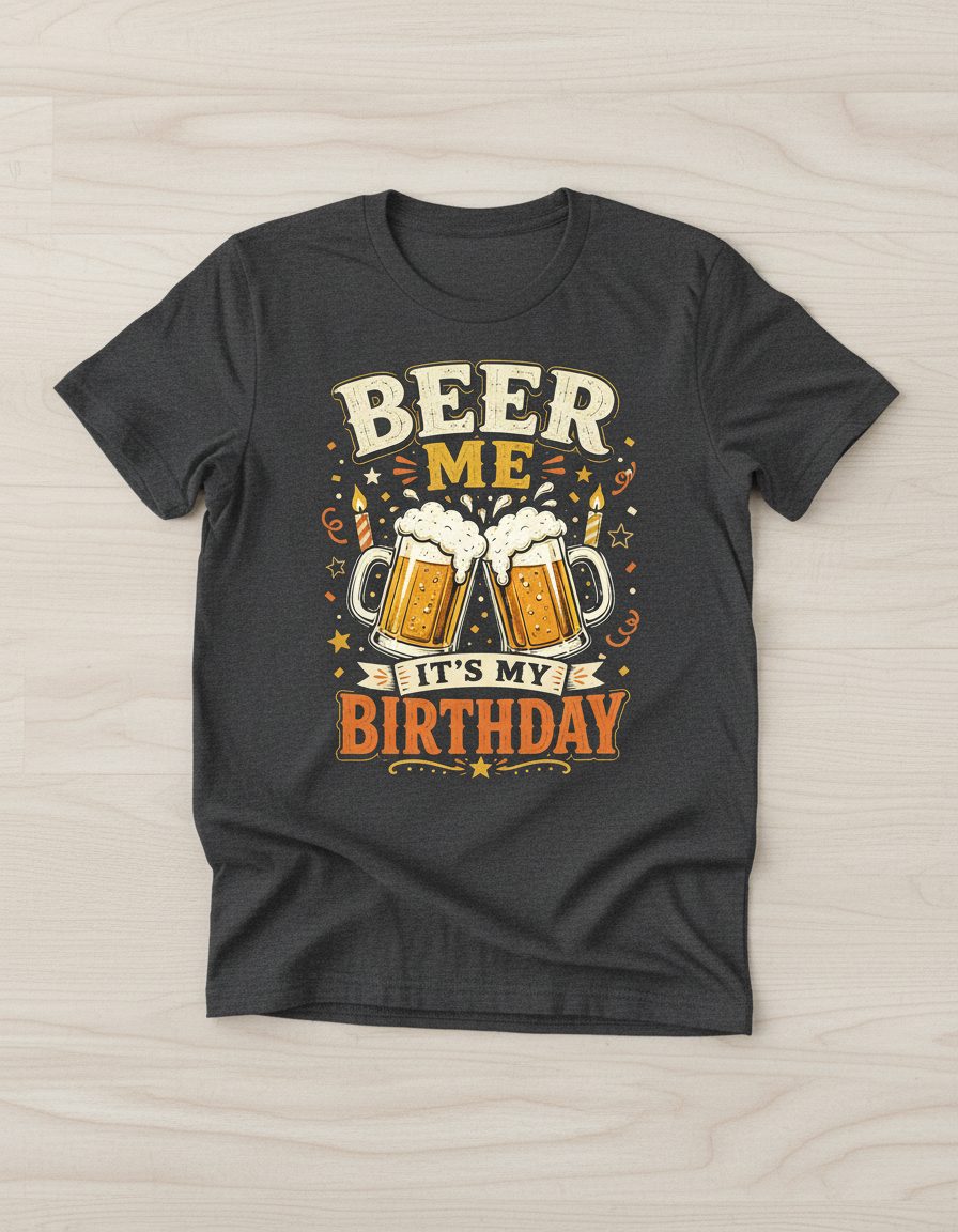 Beer Me It's My Birthday Funny T-Shirt - product mockup - Dark Heather