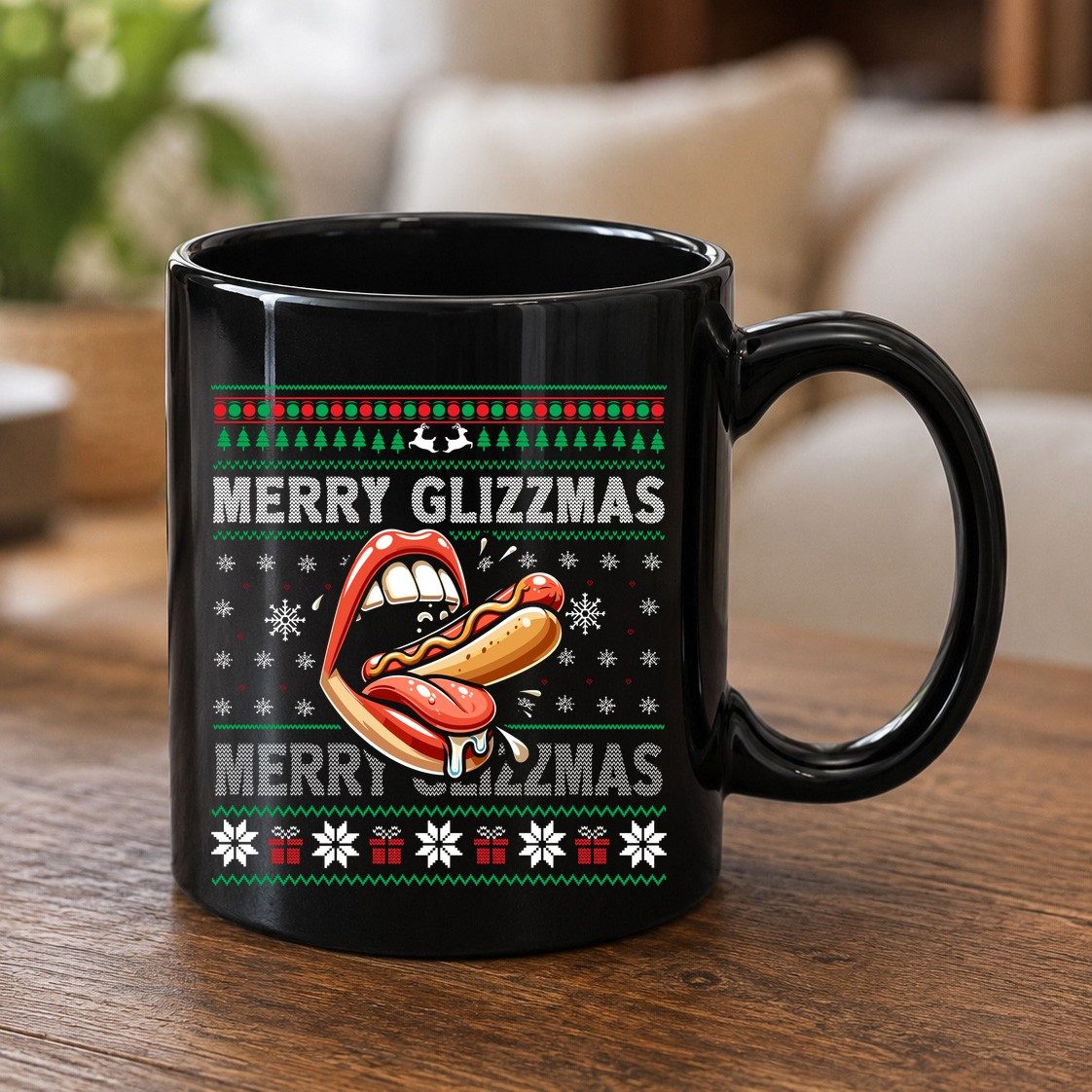 Merry Glizzzmas hot dog Black Mug Black product mockup