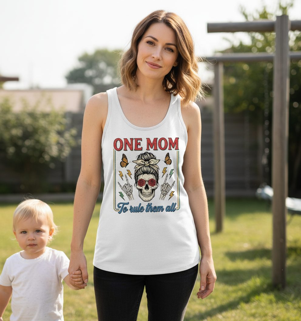 ONE MOM to Rule Them All Funny Skull Tank Top - lifestyle model mockup - White