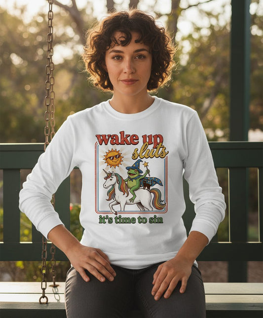 Wake Up Sluts It's Time to Sin Funny Wizard Frog Long Sleeve Tee - lifestyle model mockup - White