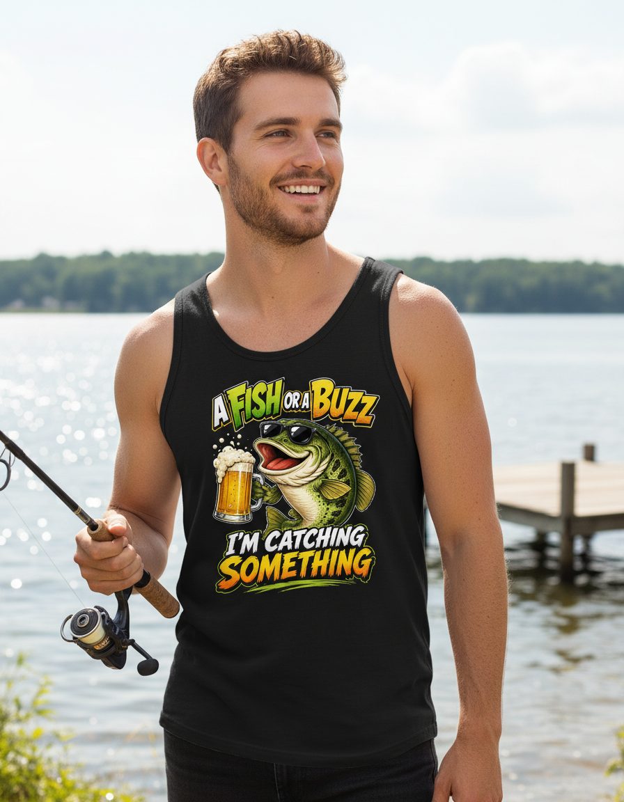 A FISH OR a BUZZ I'M Catching Something Funny Fishing Tank Top - lifestyle model mockup - Black