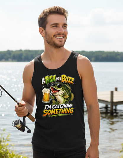 A FISH OR a BUZZ I'M Catching Something Funny Fishing Tank Top - lifestyle model mockup - Black