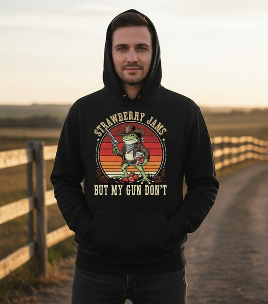 Strawberry Jams but My Gun Don't cowboy frog Hoodie Black lifestyle mockup