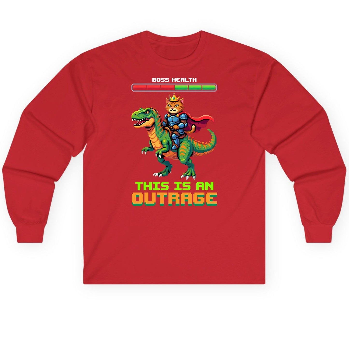 THIS IS AN OUTRAGE Cat riding a dinosaur Long Sleeve Tee Red product mockup