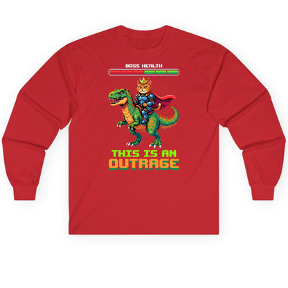 THIS IS AN OUTRAGE Cat riding a dinosaur Long Sleeve Tee Red product mockup