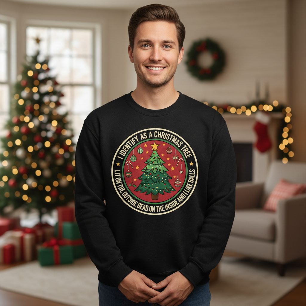 I Identify as a Christmas Tree Lit on the Outside Dead on the Inside and I Like Balls funny Christmas Sweatshirt Black