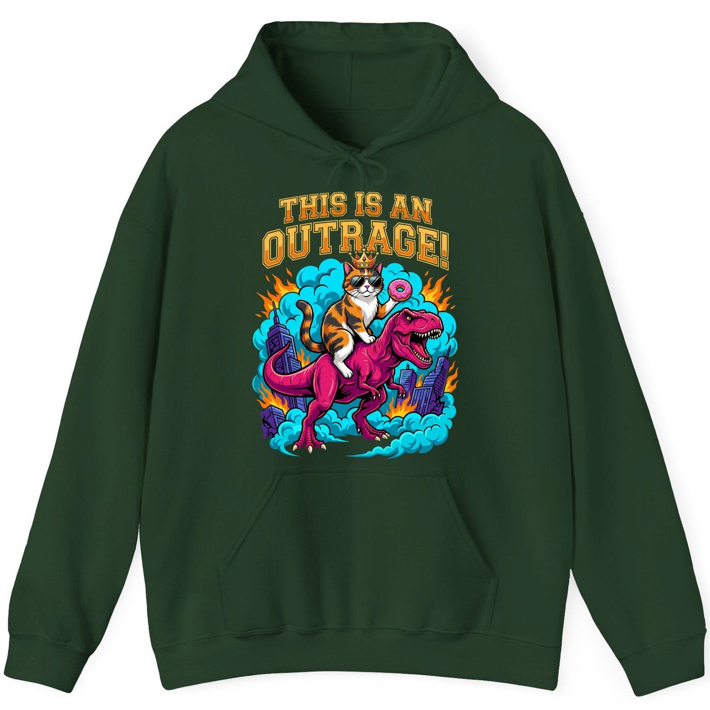 THIS IS AN OUTRAGE! Cat riding a T-Rex Hoodie Forest Green product mockup