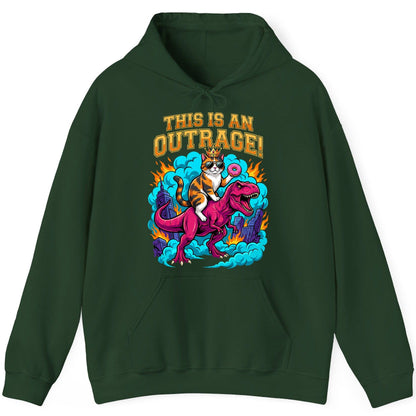 THIS IS AN OUTRAGE! Cat riding a T-Rex Hoodie Forest Green product mockup