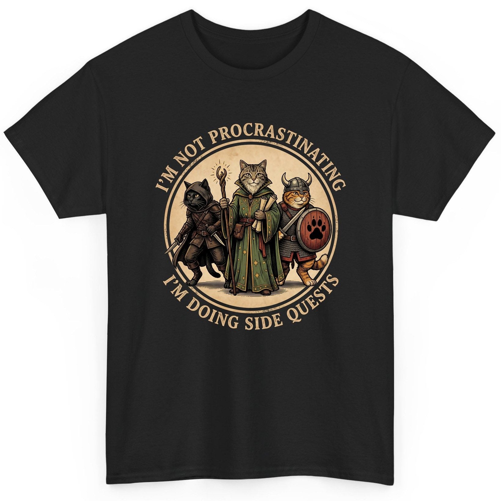 I'm Not Procrastinating I'm Doing Side Quests rpg cats T-Shirt Black product mockup