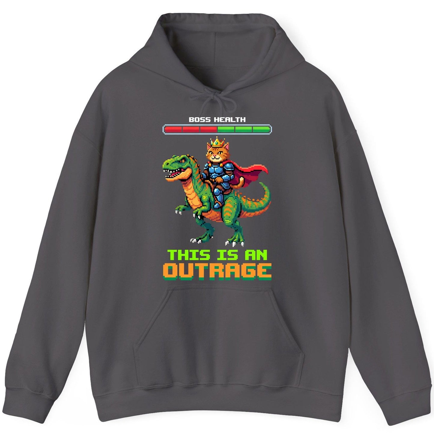 THIS IS AN OUTRAGE Cat riding a dinosaur Hoodie Charcoal product mockup