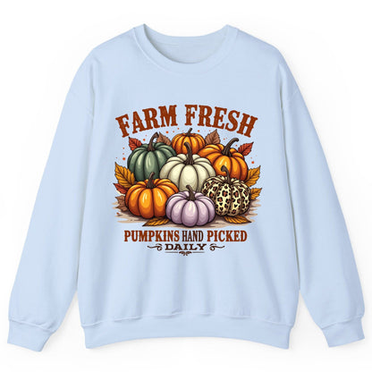 Farm Fresh Pumpkins Hand Picked Daily autumn pumpkins Sweatshirt Light Blue product mockup