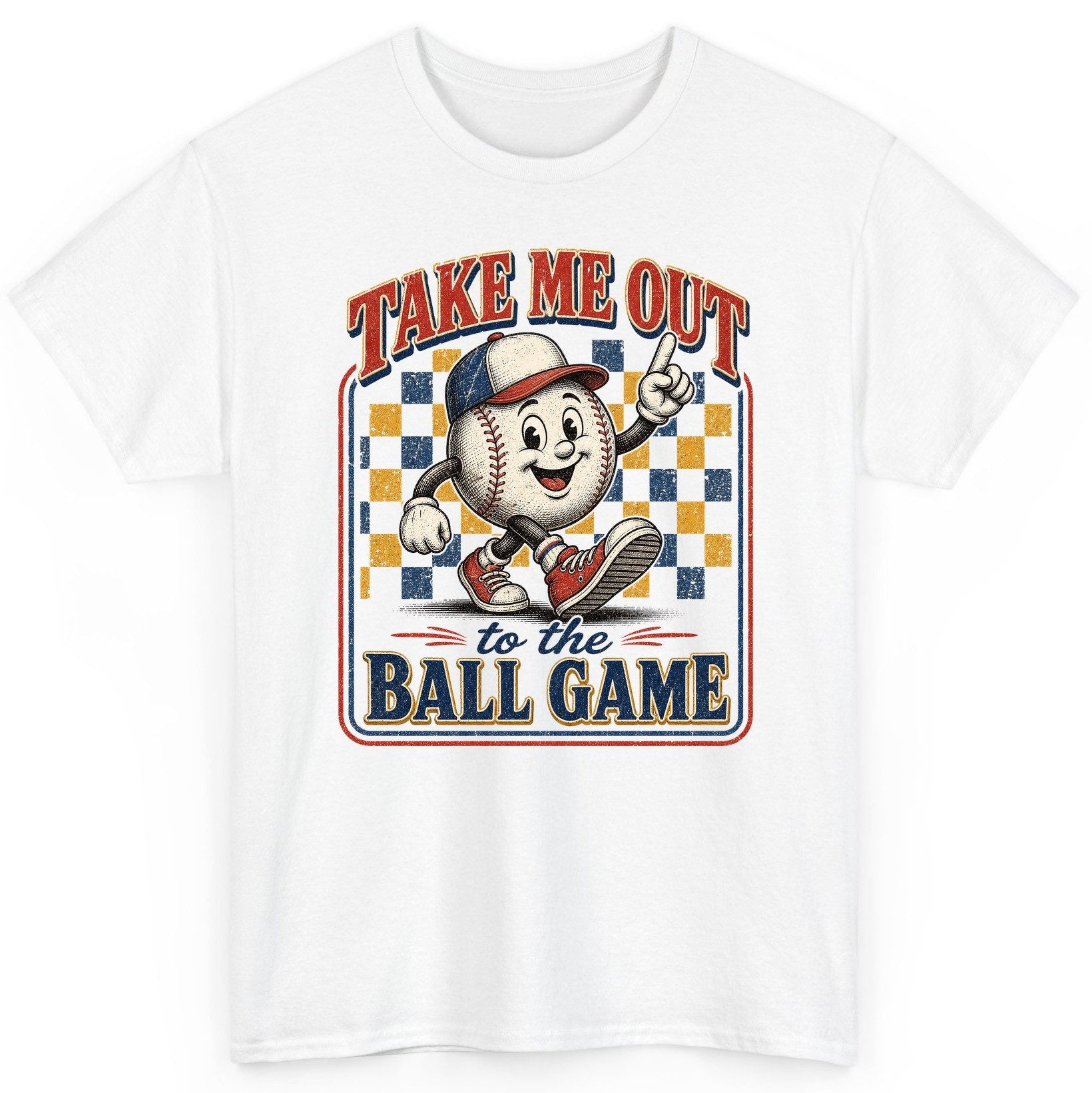Take Me Out to the Ball Game Retro Baseball T-Shirt - product mockup - White