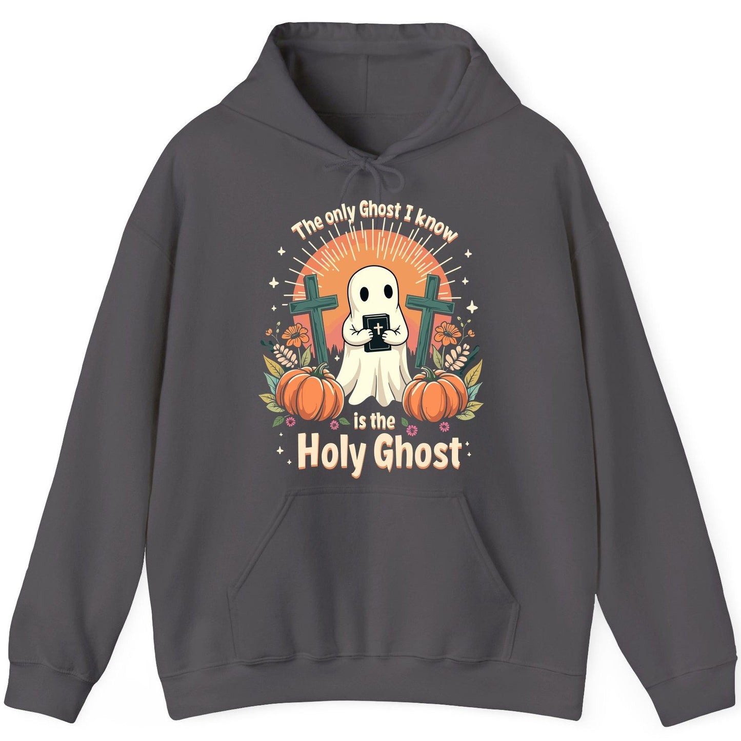 The Only Ghost I Know Is the Holy Ghost christian Halloween Hoodie Charcoal product mockup
