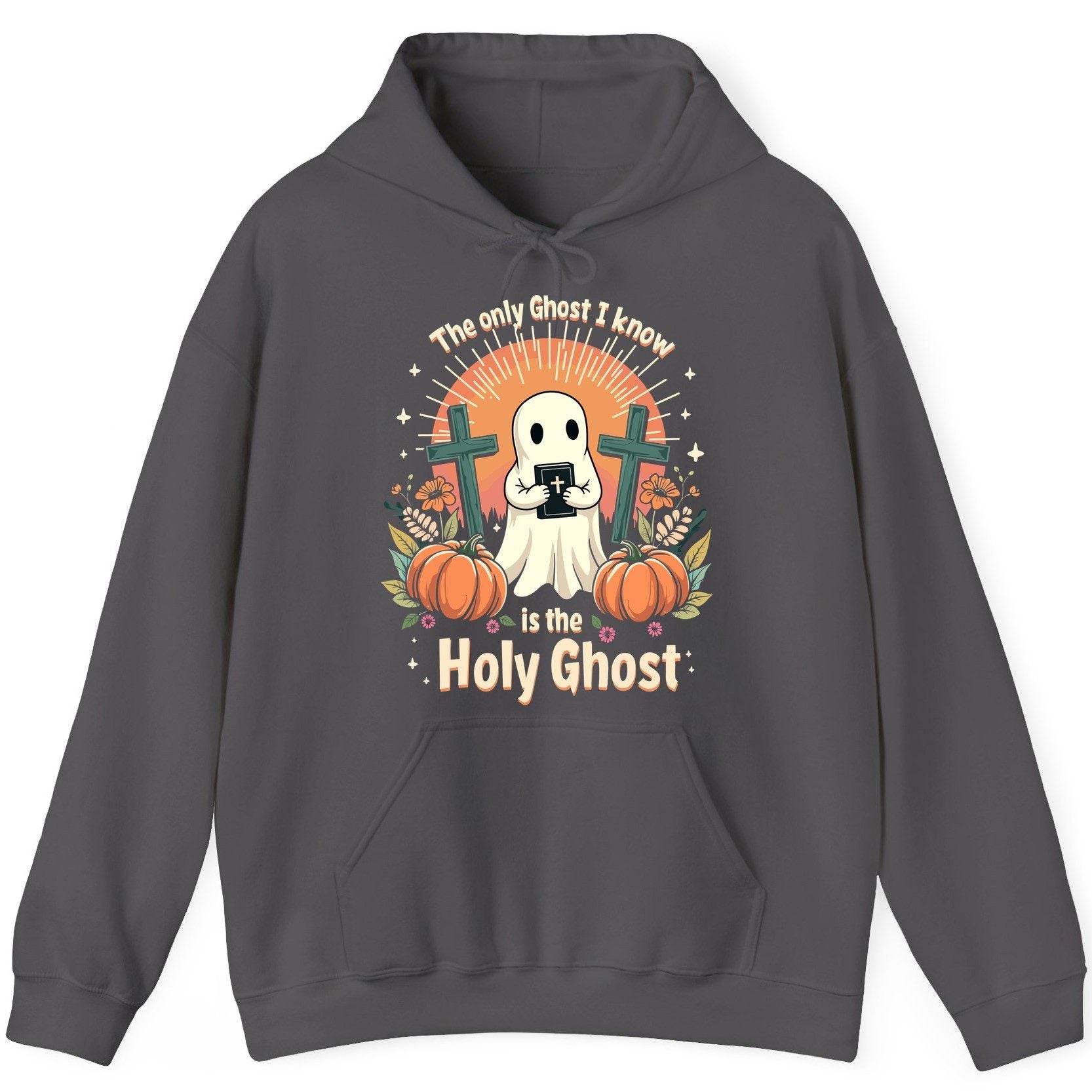 The Only Ghost I Know Is the Holy Ghost christian Halloween Hoodie Charcoal product mockup