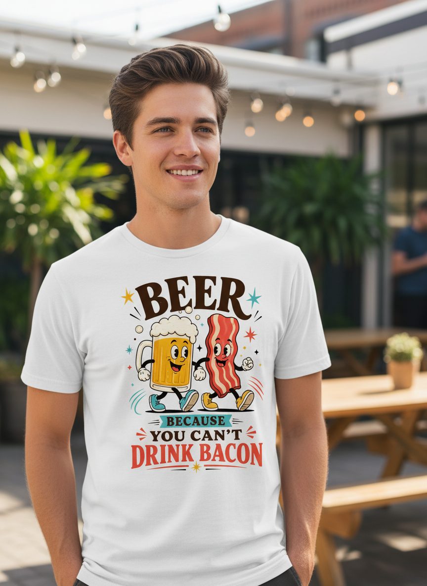 You Can't Drink Bacon Beer and Funny Lovers T-Shirt - lifestyle model mockup - White
