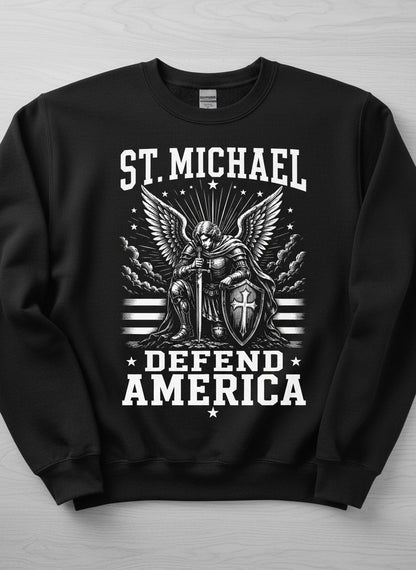 St Michael Defend America Patriotic Christian Sweatshirt - product mockup - Black