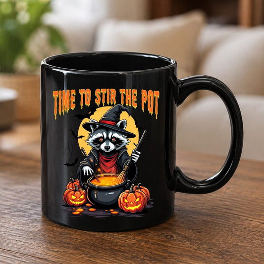 Time to Stir the Pot Halloween raccoon Black Mug Black product mockup
