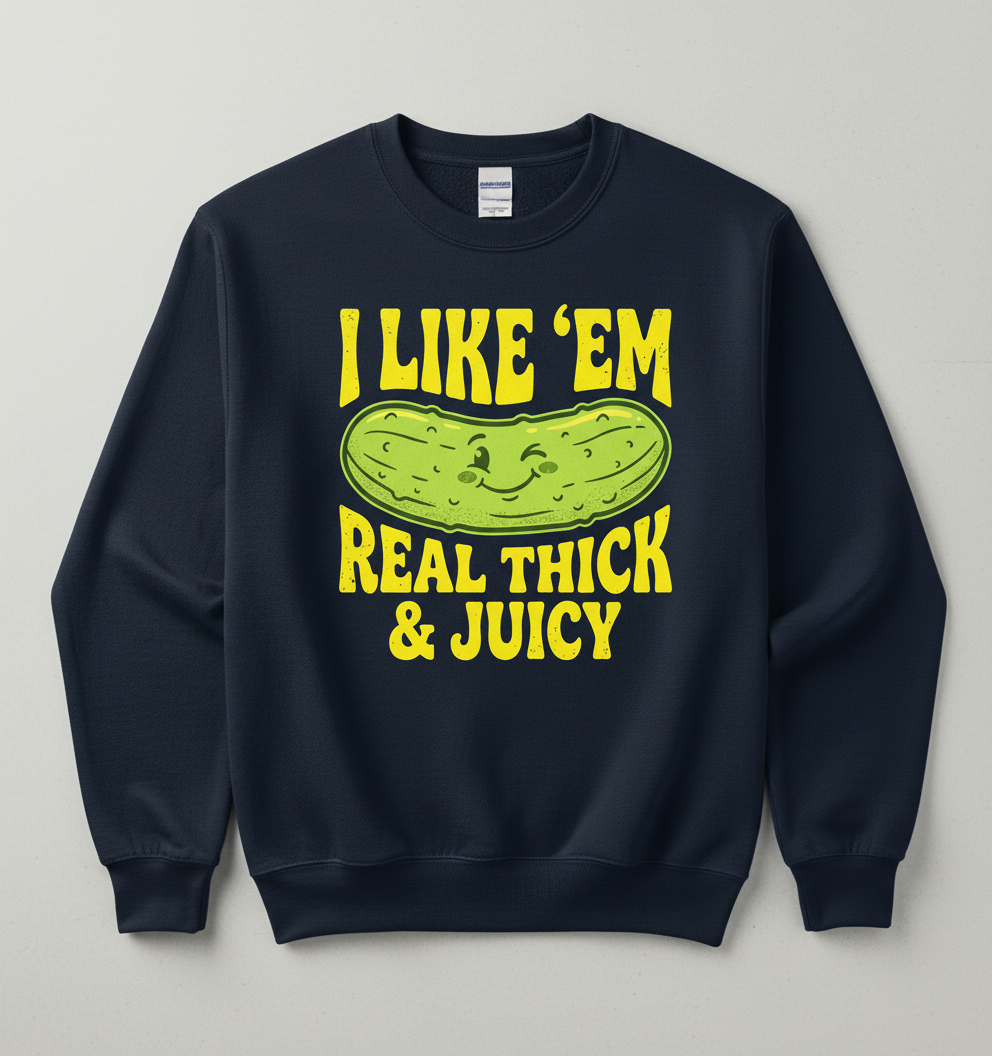 I Like 'Em Real Thick & Juicy Pickle Funny Food Pun Sweatshirt - Navy