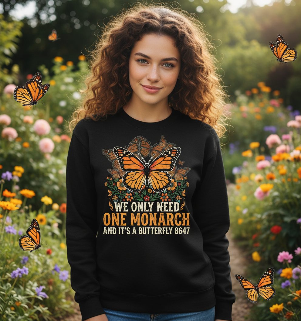 WE ONLY NEED ONE Monarch AND IT'S a Butterfly 8647 Vintage Sweatshirt - lifestyle model mockup - Black