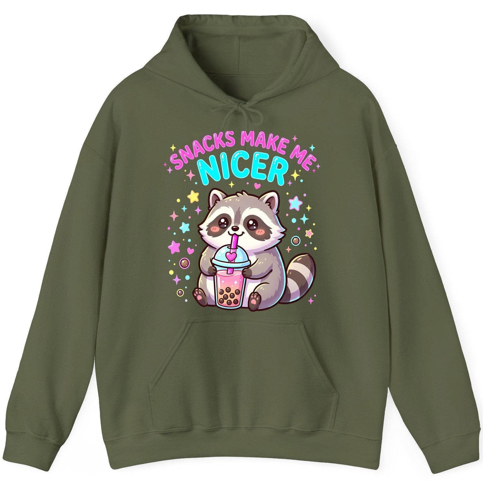 SNACKS MAKE ME NICER Funny Raccoon Hoodie - product mockup - Military Green