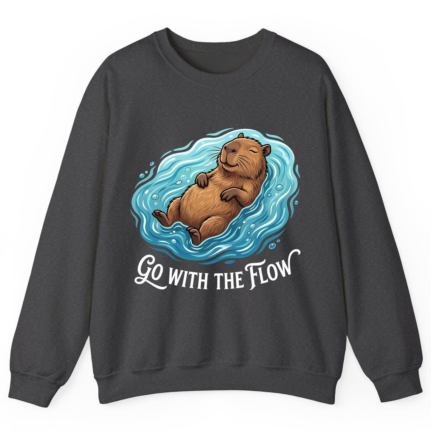 Go WITH THE Flow Funny Capybara Sweatshirt - product mockup - Dark Heather