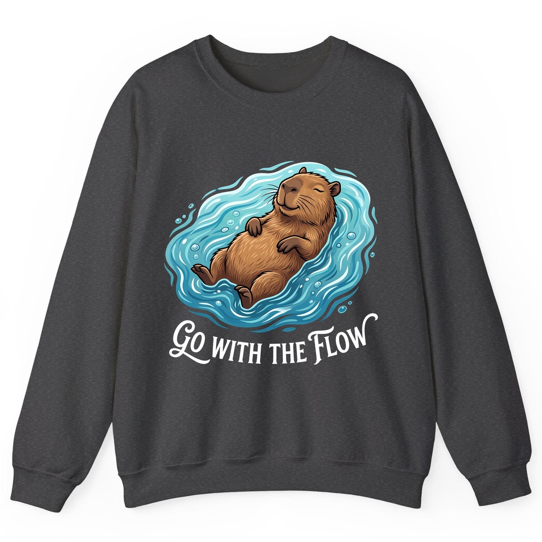 Go WITH THE Flow Funny Capybara Sweatshirt - product mockup - Dark Heather
