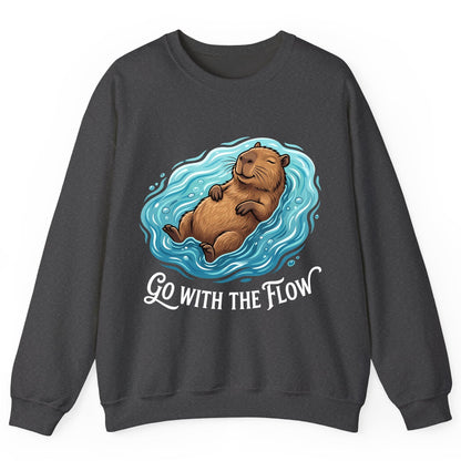 Go WITH THE Flow Funny Capybara Sweatshirt - product mockup - Dark Heather