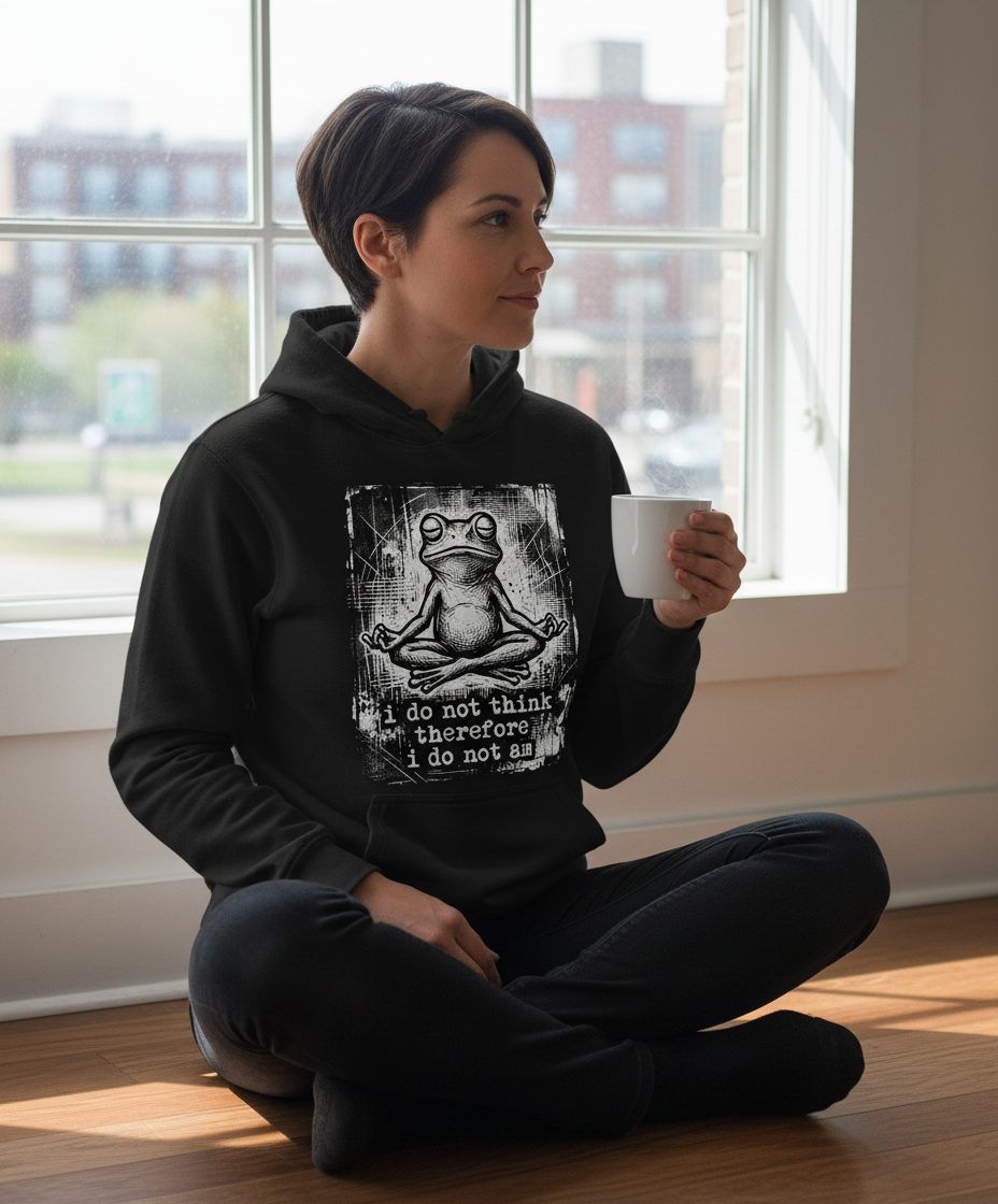 I Do Not Think Therefore I Do Not Am meditating frog Hoodie Black lifestyle mockup