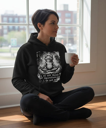 I Do Not Think Therefore I Do Not Am meditating frog Hoodie Black lifestyle mockup