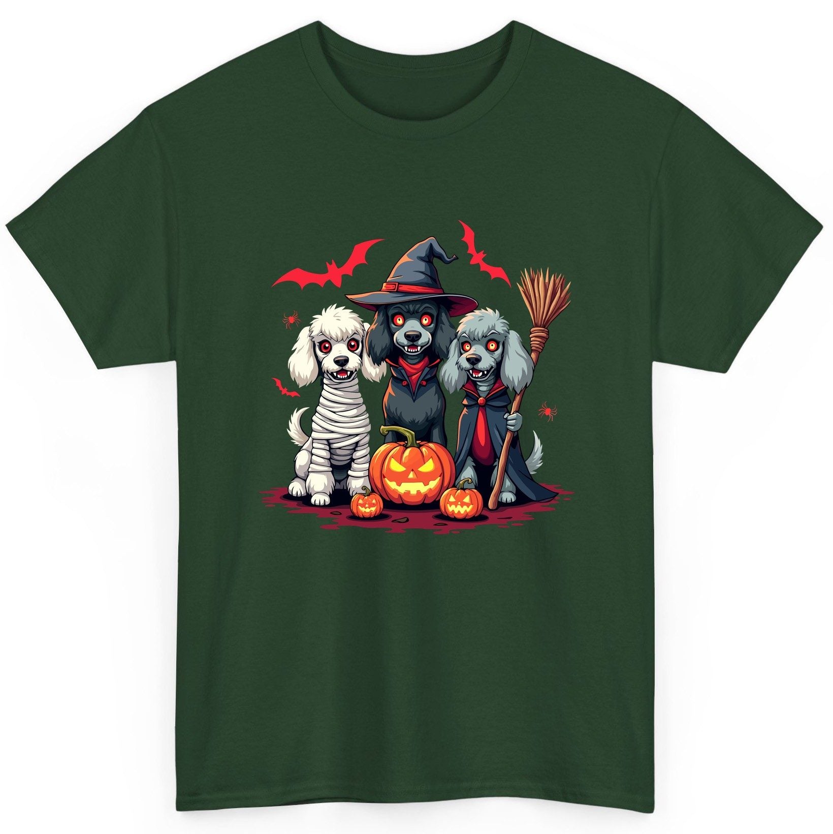 Spooky Poodle Trio Halloween dogs T-Shirt Forest Green product mockup