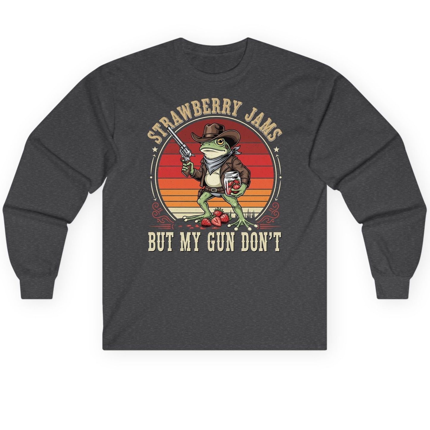 Strawberry Jams but My Gun Don't cowboy frog Long Sleeve Tee Dark Heather product mockup