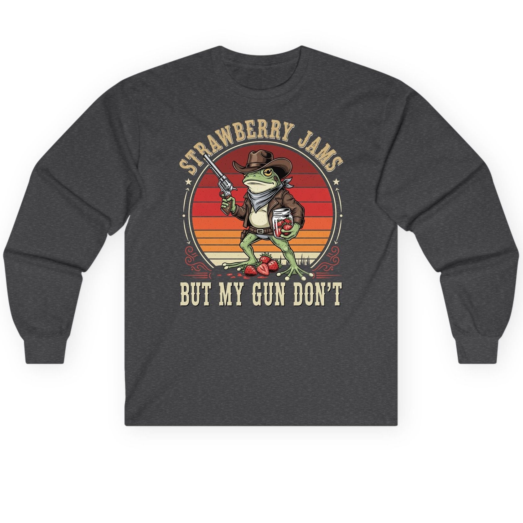Strawberry Jams but My Gun Don't cowboy frog Long Sleeve Tee Dark Heather product mockup